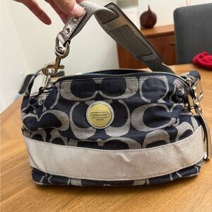 Coach Signature Carly Blue Silver Stripe Canvas Hobo Handbag Navy Denim F17434